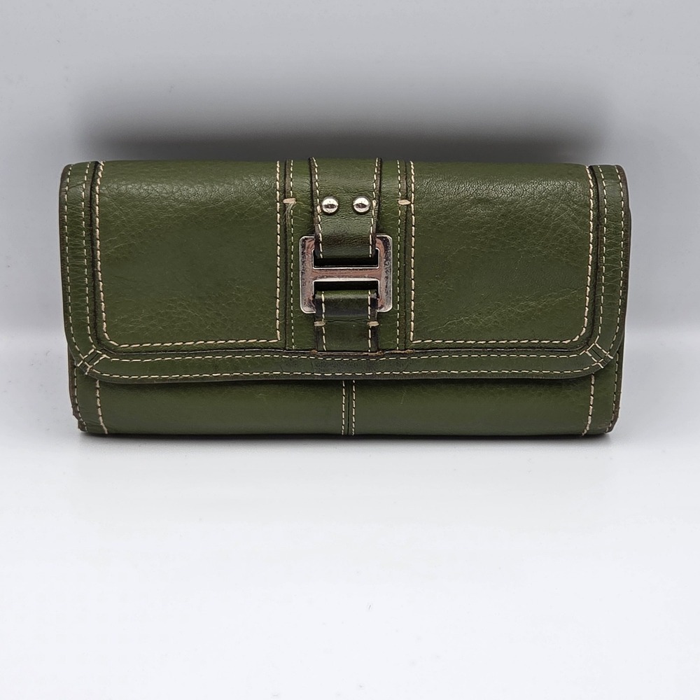 Fossil Trifold Wallet Womens OS Green Good Leather H-Buckle Contrast Stitch Boho